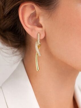 14K Gold Plated Pavé Zirconia Knot Drop Earrings Elegant Jewelry Water Resistant